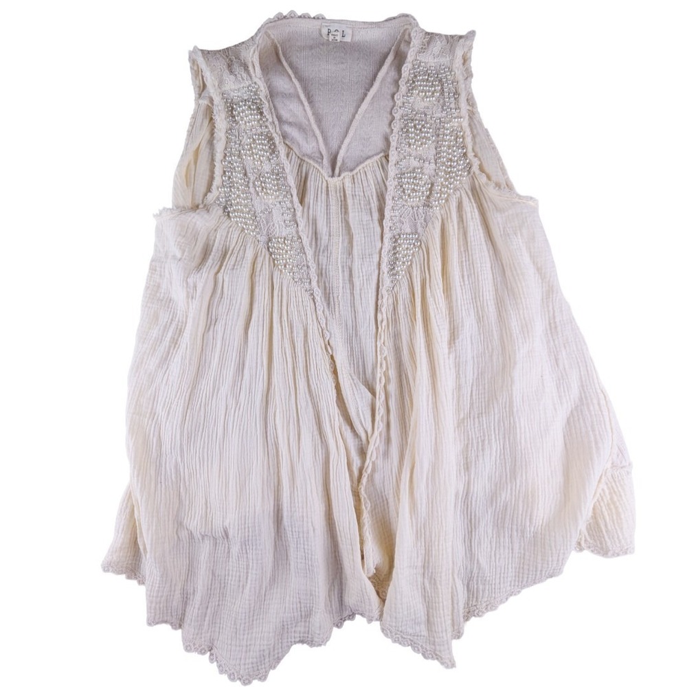 POL Women's Cream Pearl Lace Gauze Knit Sleeveless Drape Front Vest Size‎ Medium